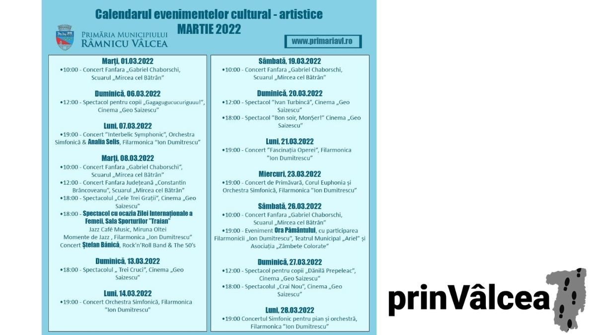 Program Evenimente Cultural – Artistice  Luna Martie Organizate de Primăria Municipiului Râmnicu Vâlcea