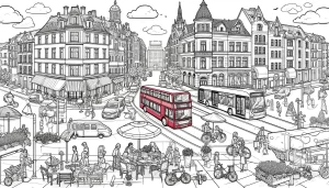 Explorează viața urbană prin desene de colorat cu clădiri, mașini, autobuze și alte elemente specifice orașului tau